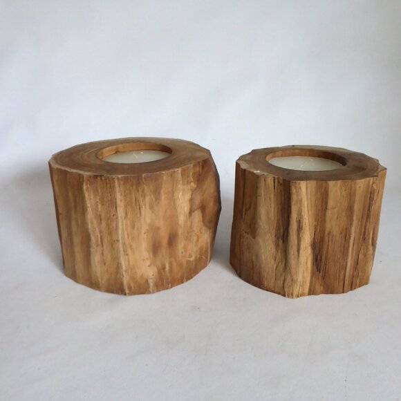 NEW 4.25” x 6" BARKLESS TREE SOLID WOOD LOG RUSTIC CABIN CANDLE HOLDERS - Picture 4 of 8
